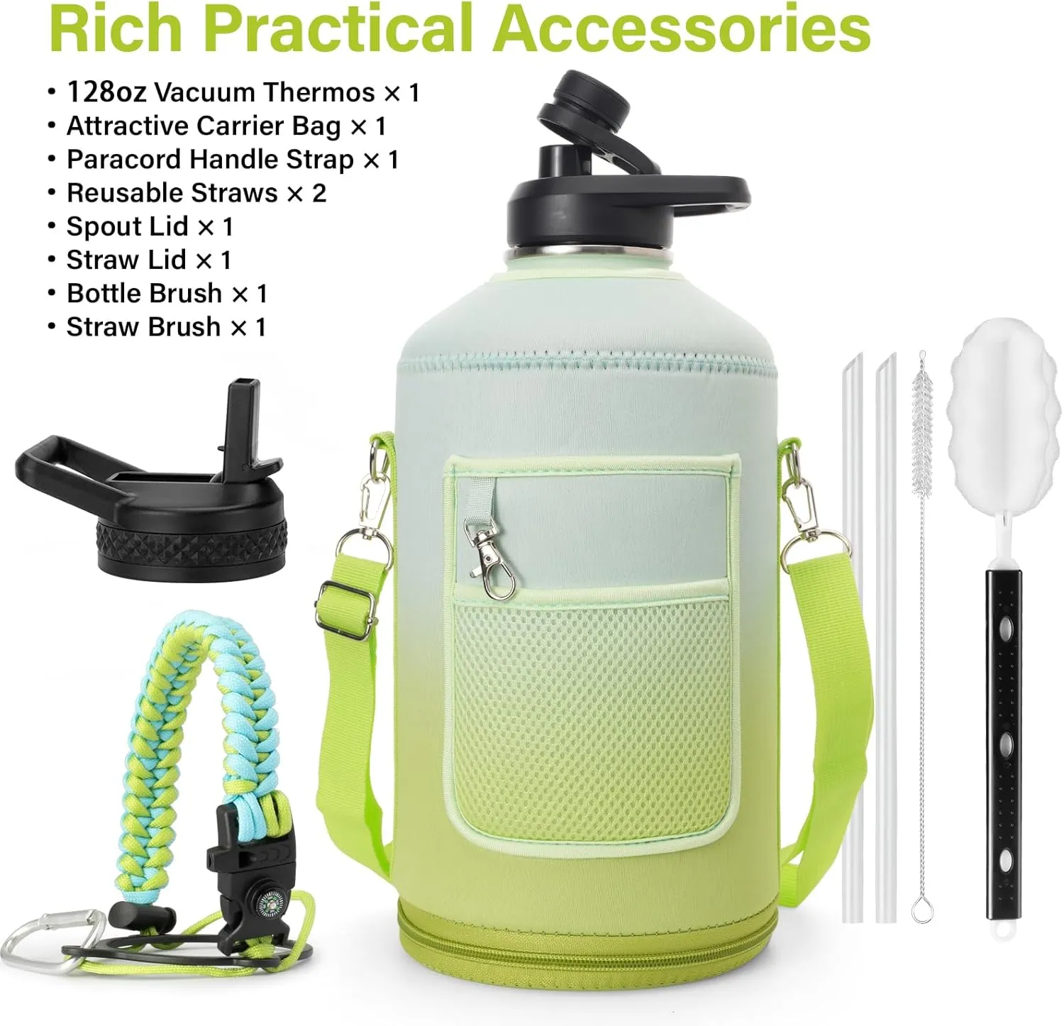 1 Gallon Water Bottle Insulated | Thickened Stainless Steel Vacuum Metal Water Jug | Portable Sports Large Thermos for Gym and Hiking with Straw, Carrier Bag, Handle Strap | BPA-Free 128 oz