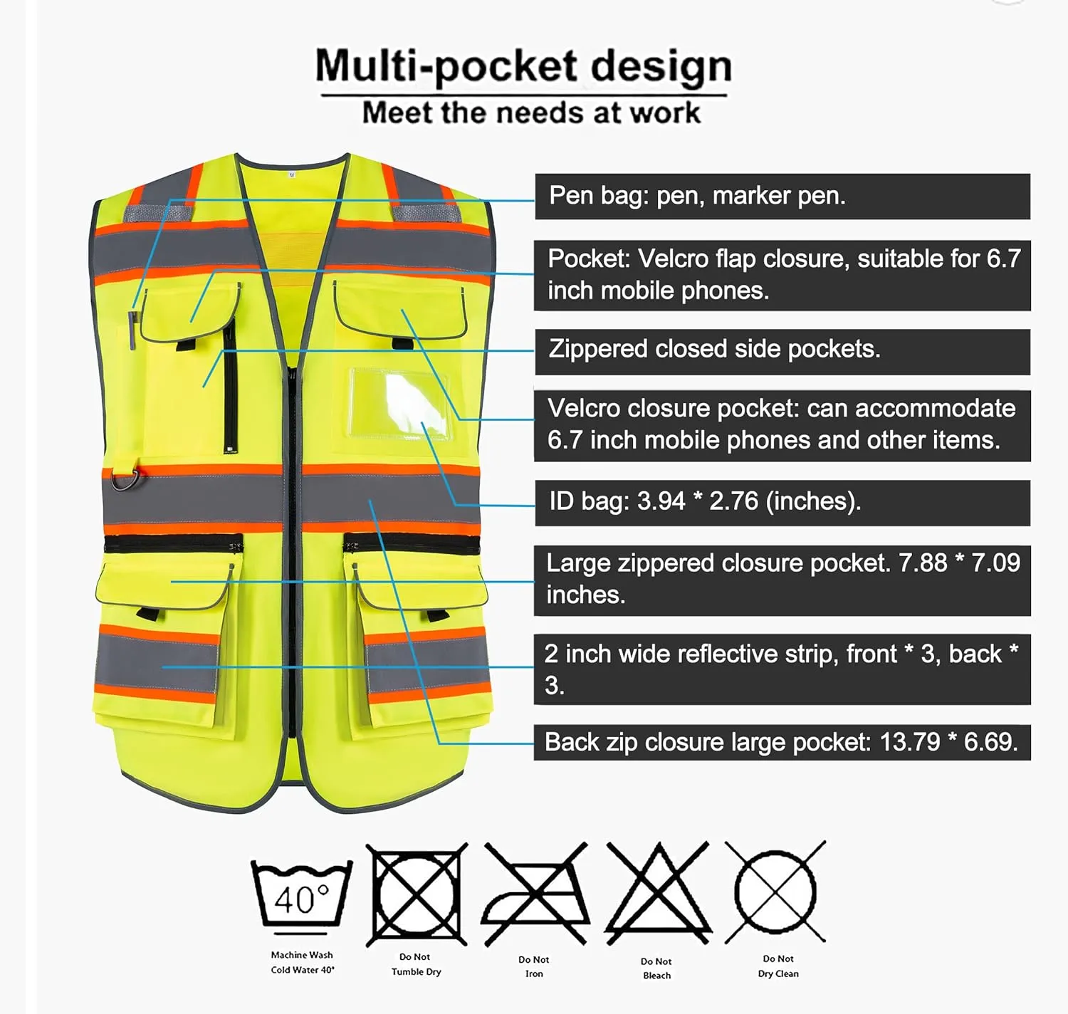 10 Pockets Class 2 High Visible Reflective Safety Vest Breathable and Mesh Lining Workwear (M-2XL, Yellow Black)