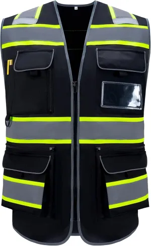 10 Pockets Class 2 High Visible Reflective Safety Vest Breathable and Mesh Lining Workwear (M-2XL, Yellow Black)