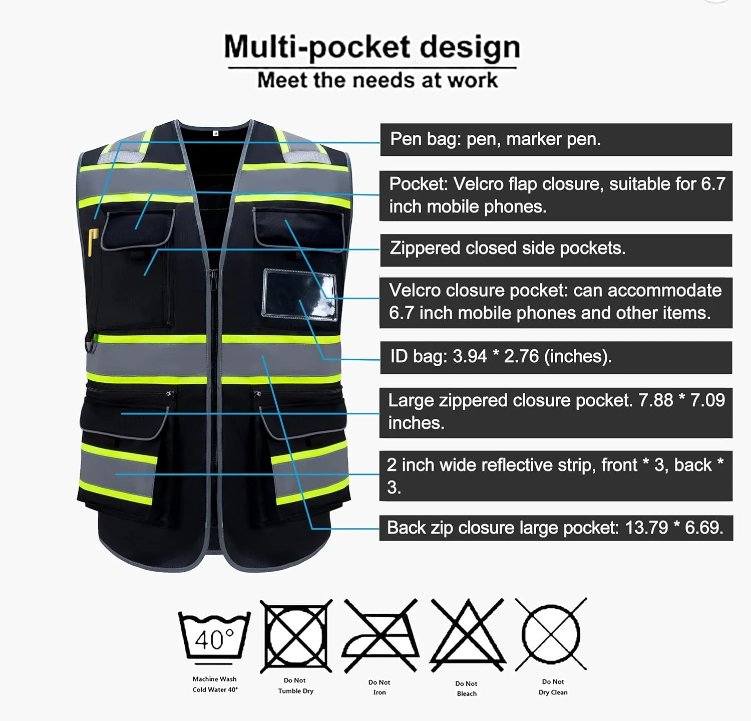 10 Pockets Class 2 High Visible Reflective Safety Vest Breathable and Mesh Lining Workwear (M-2XL, Yellow Black)
