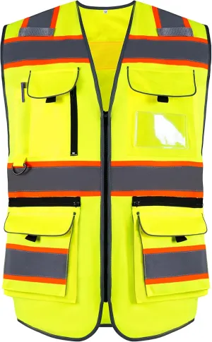 10 Pockets Class 2 High Visible Reflective Safety Vest Breathable and Mesh Lining Workwear (M-2XL, Yellow Black)