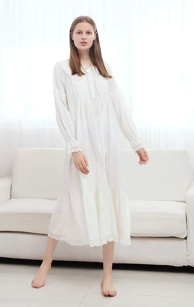 100% Cotton Victorian Princess Style Nightgown for Ladies Womens Vintage Palace Sleepwear