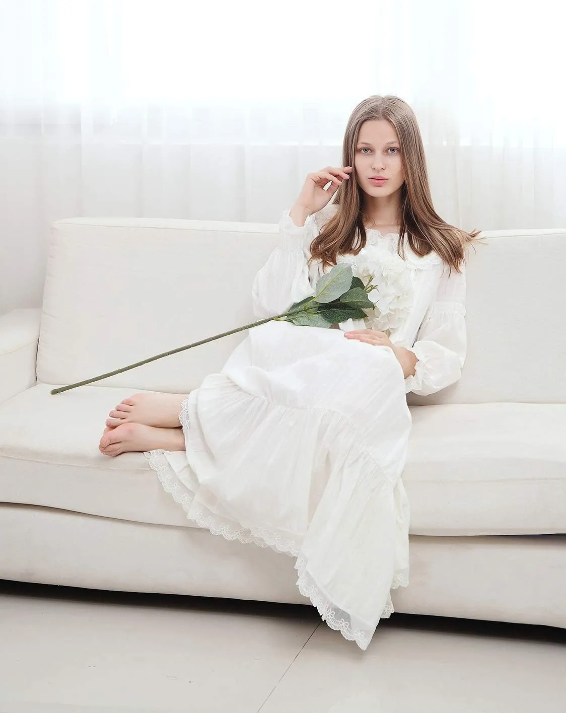 100% Cotton Victorian Princess Style Nightgown for Ladies Womens Vintage Palace Sleepwear
