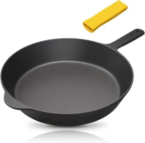 12 Inch Lightweight Pre-Seasoned Cast Iron Skillets with Handle Cover - Smooth Polished Surface, Easy to Clean Cast Iron Pan Use in the Oven, on the Stove or Grill, Over a Campfire
