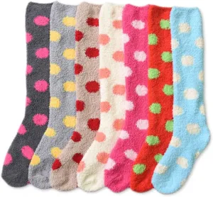 12 Pairs Fuzzy Socks Women Girl Long Knee High Winter Cozy Slipper Warm Lot 9-11 Fuzzy Socks for Women Soft Fluffy Socks Polka Dot Design Cozy Plush Socks Christmas Socks Warm Fluffy Socks Cozy