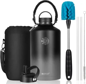 128 oz Water Bottle with Paracord Handle & Bottle Brush - Large Stainless Steel Water Bottle with Carrying Pouch & 2 Lids - Double Wall Vacuum Water Jug for Sport Gym Camping, Black&Grey