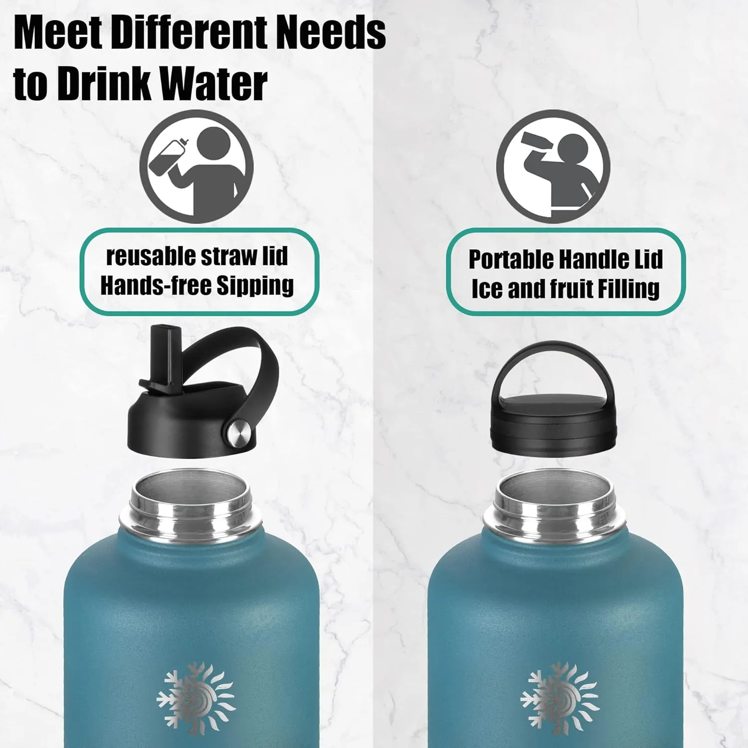 128 oz Water Bottle with Paracord Handle & Bottle Brush - Large Stainless Steel Water Bottle with Carrying Pouch & 2 Lids - Double Wall Vacuum Water Jug for Sport Gym Camping, Black&Grey