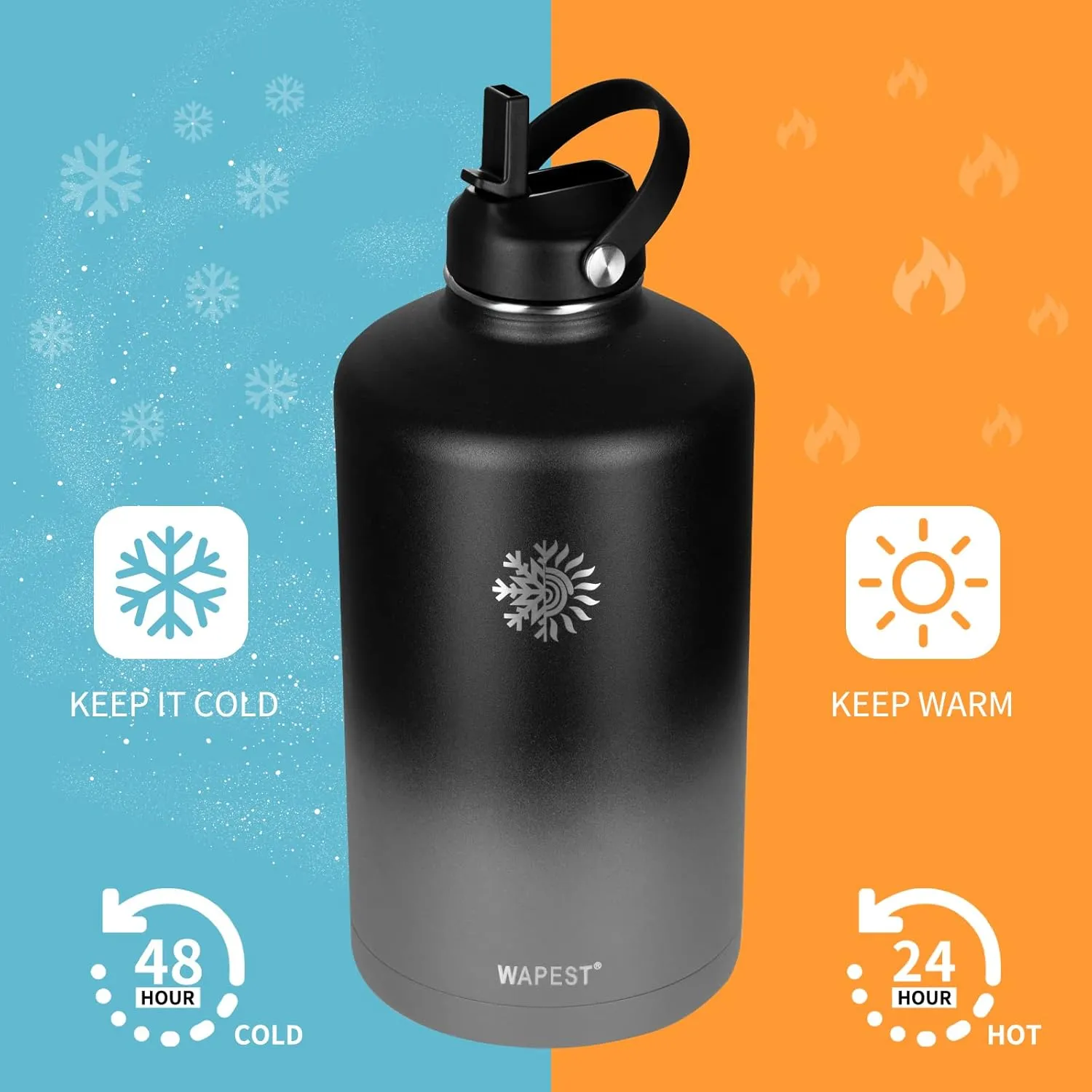128 oz Water Bottle with Paracord Handle & Bottle Brush - Large Stainless Steel Water Bottle with Carrying Pouch & 2 Lids - Double Wall Vacuum Water Jug for Sport Gym Camping, Black&Grey