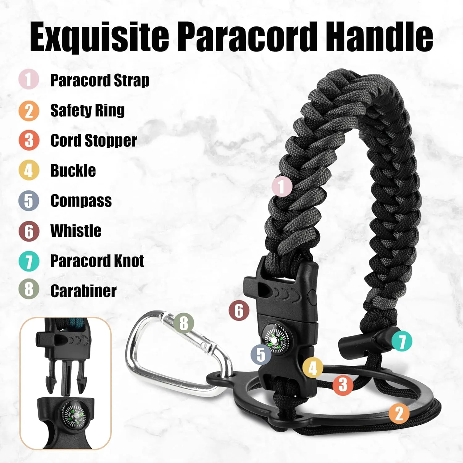128 oz Water Bottle with Paracord Handle & Bottle Brush - Large Stainless Steel Water Bottle with Carrying Pouch & 2 Lids - Double Wall Vacuum Water Jug for Sport Gym Camping, Black&Grey