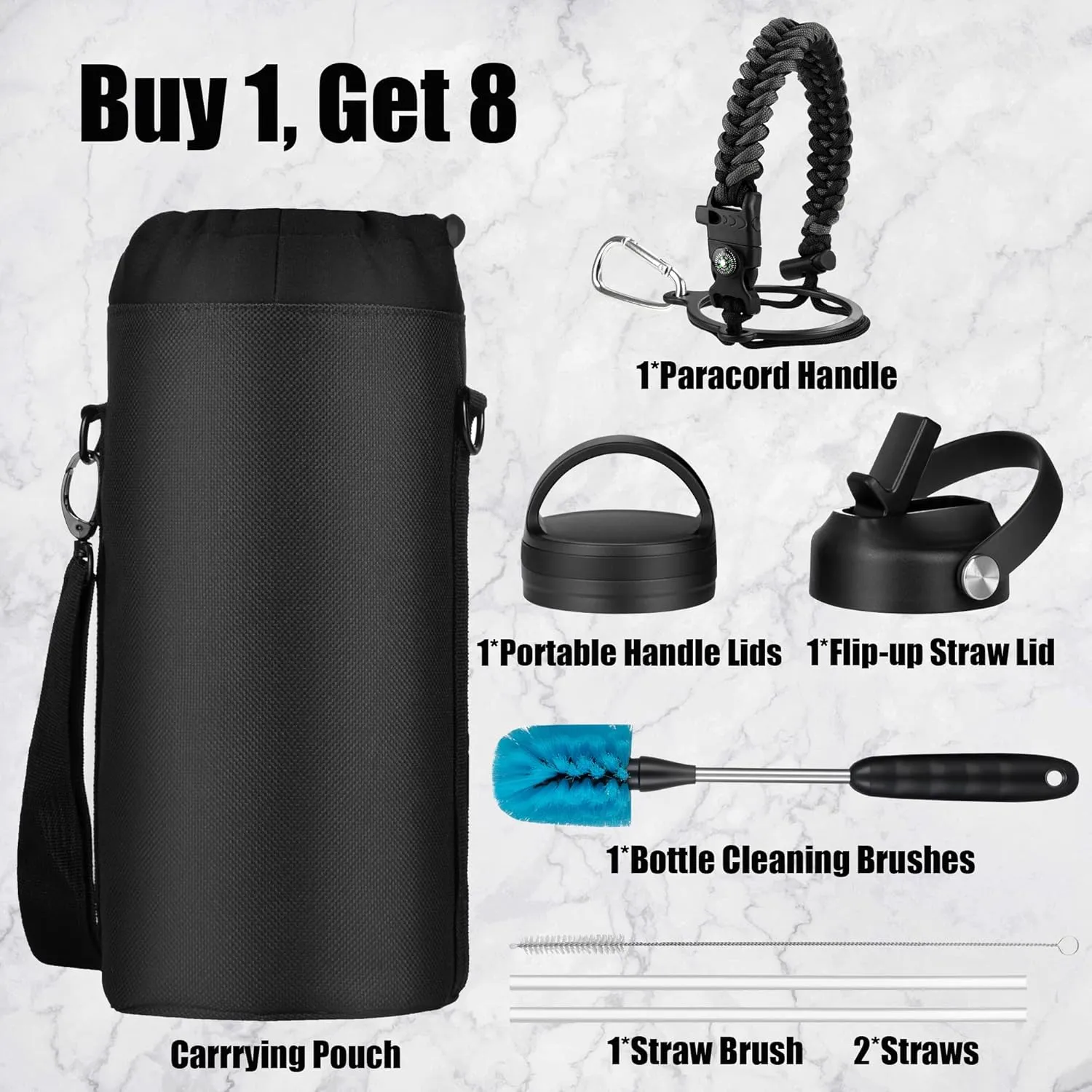 128 oz Water Bottle with Paracord Handle & Bottle Brush - Large Stainless Steel Water Bottle with Carrying Pouch & 2 Lids - Double Wall Vacuum Water Jug for Sport Gym Camping, Black&Grey