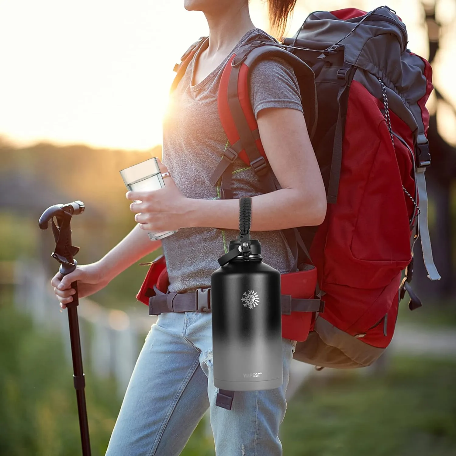 128 oz Water Bottle with Paracord Handle & Bottle Brush - Large Stainless Steel Water Bottle with Carrying Pouch & 2 Lids - Double Wall Vacuum Water Jug for Sport Gym Camping, Black&Grey