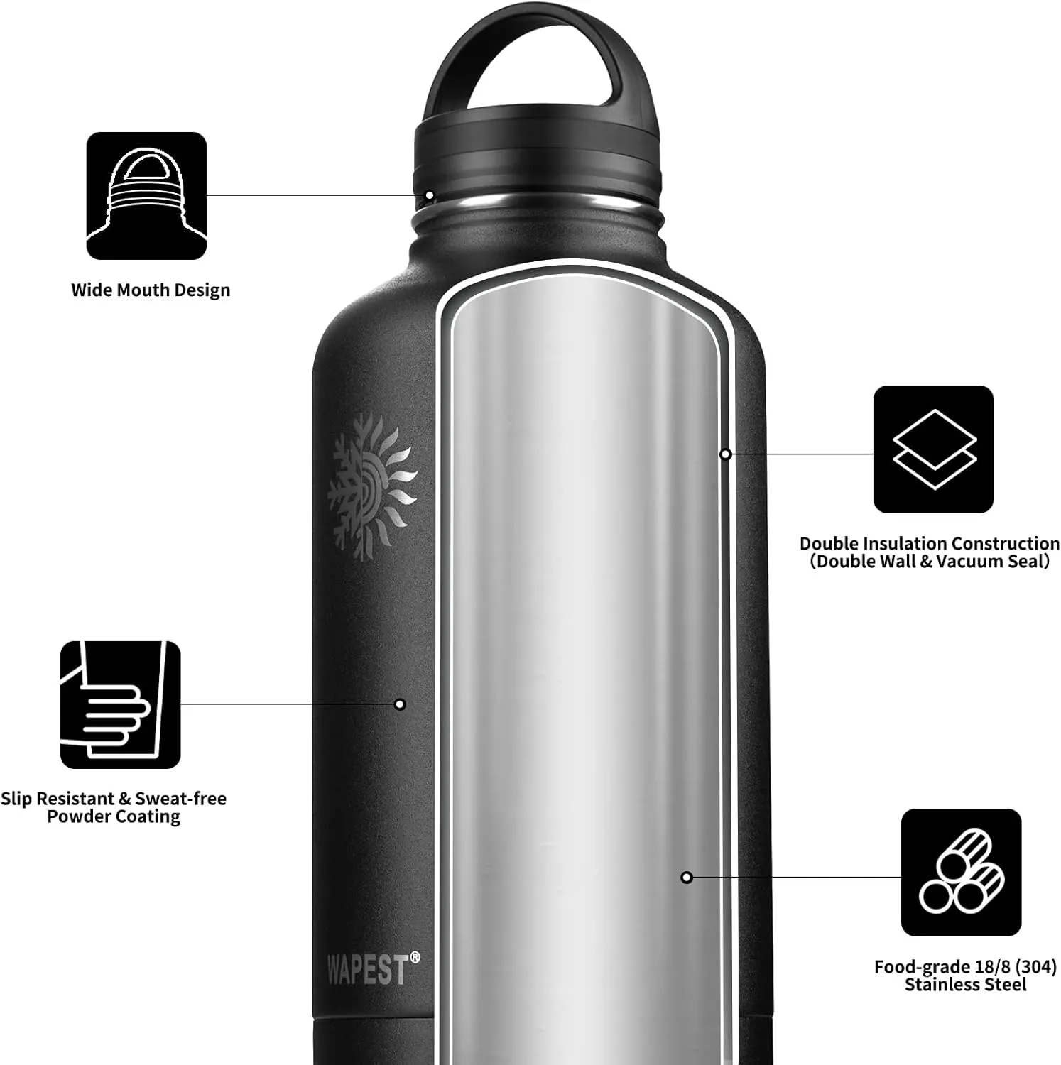 128 oz Water Bottle with Paracord Handle & Bottle Brush - Large Stainless Steel Water Bottle with Carrying Pouch & 2 Lids - Double Wall Vacuum Water Jug for Sport Gym Camping, Black&Grey