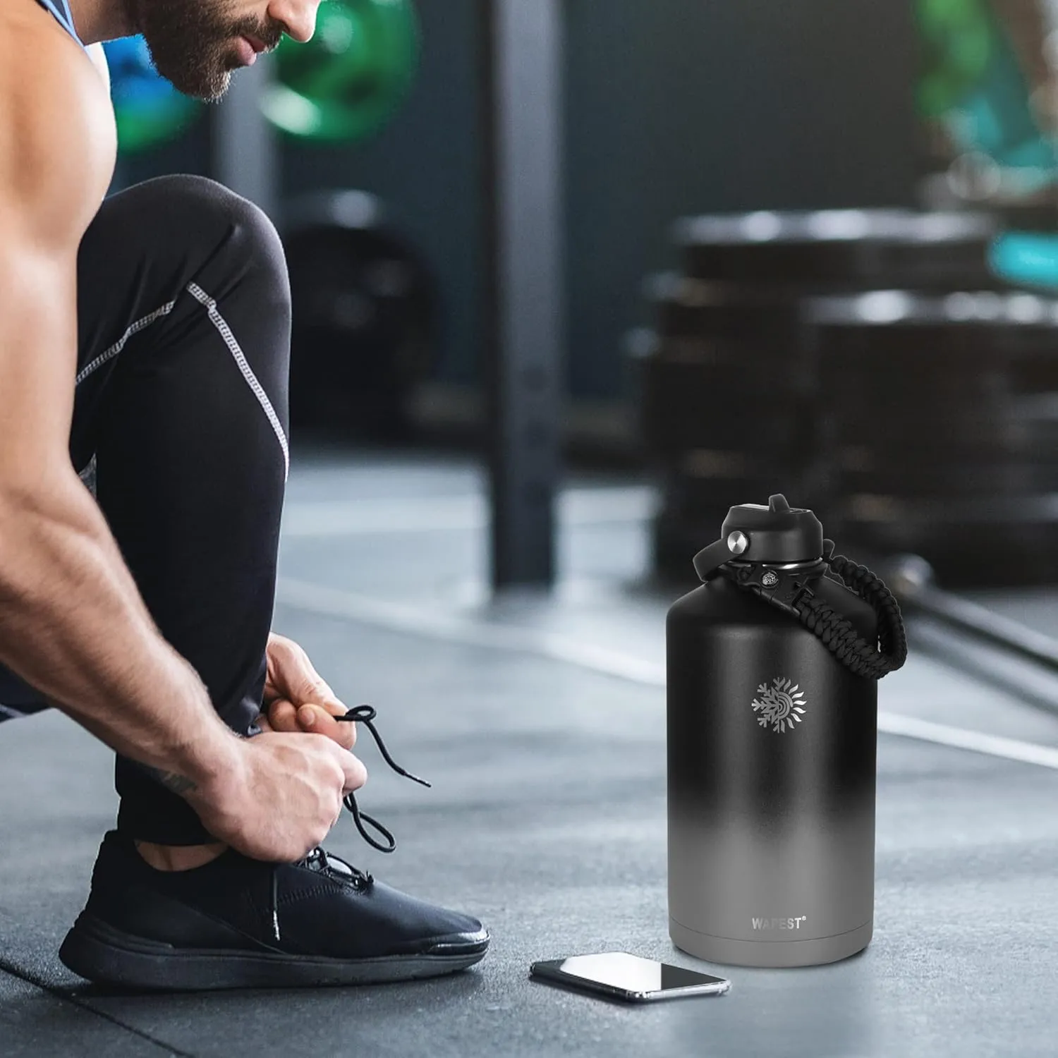 128 oz Water Bottle with Paracord Handle & Bottle Brush - Large Stainless Steel Water Bottle with Carrying Pouch & 2 Lids - Double Wall Vacuum Water Jug for Sport Gym Camping, Black&Grey