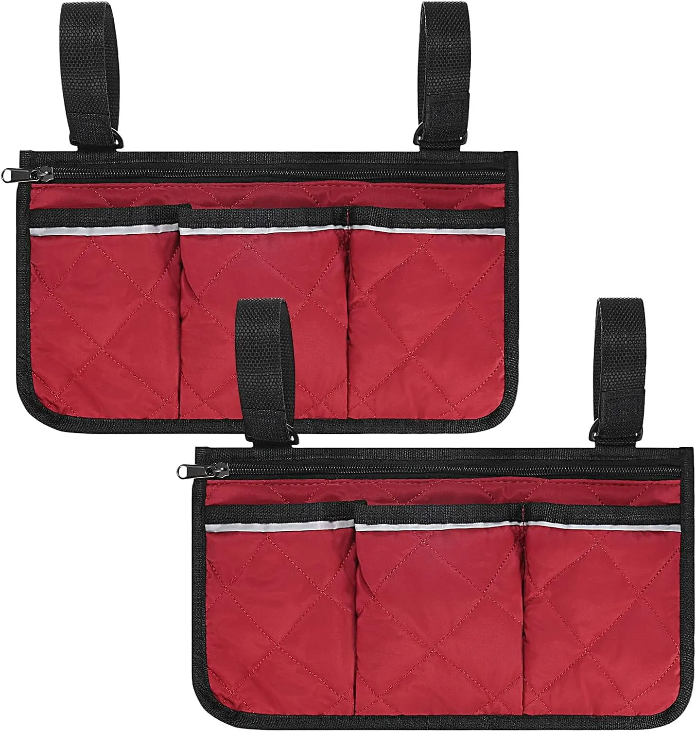 12.8"x7" Beach Chair Armrest Bag [2-Pack] - Waterproof Polyester Adjustable Straps Reflective Strip Beach Chair Organizer Use for Camping & Stadium & Patio Chairs [Wine Red]