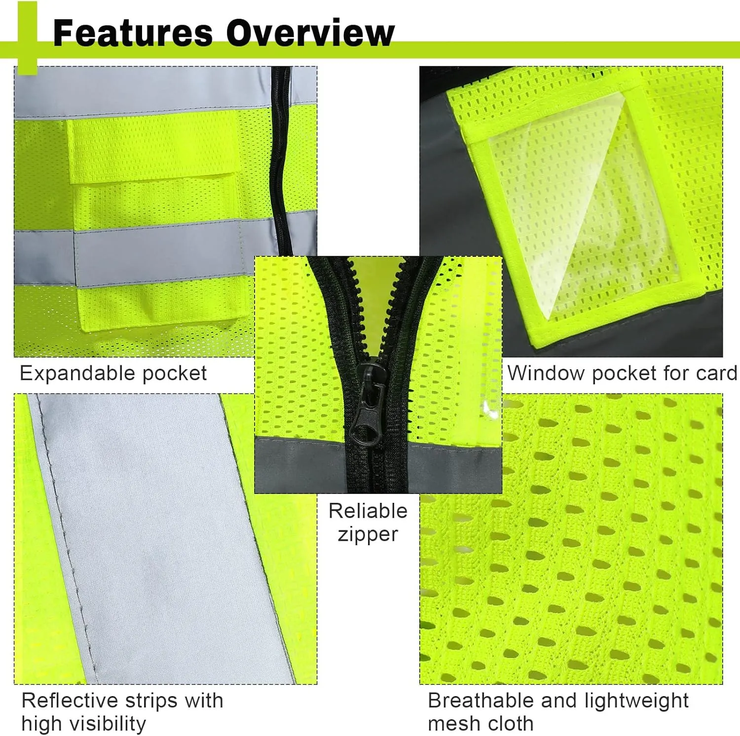 15 Pack Safety Vests Bulk Yellow Reflective High Visibility Vest with Mesh Pocket Zipper, Hi Vis Silver Strip for Men, Neon