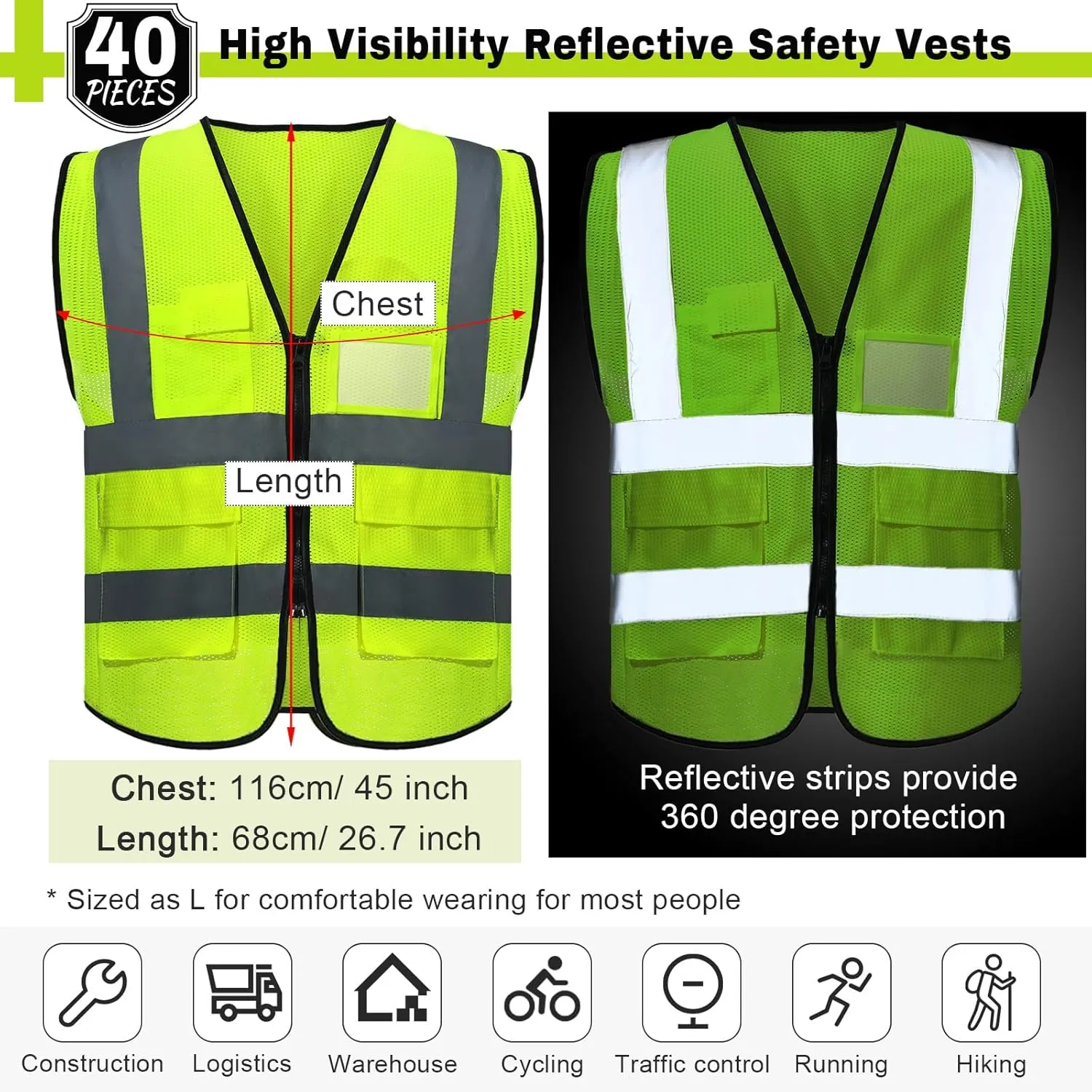 15 Pack Safety Vests Bulk Yellow Reflective High Visibility Vest with Mesh Pocket Zipper, Hi Vis Silver Strip for Men, Neon