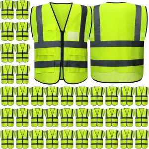 15 Pack Safety Vests Bulk Yellow Reflective High Visibility Vest with Mesh Pocket Zipper, Hi Vis Silver Strip for Men, Neon