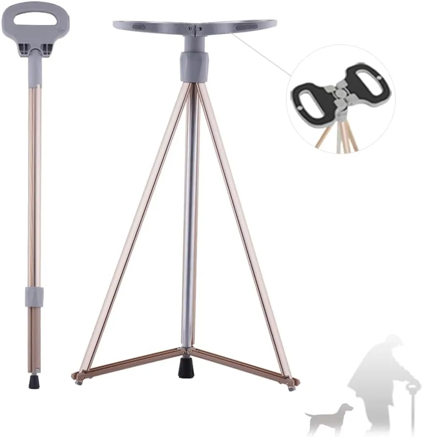 2-in-1 Adjustable Cane with Seat Walking Stick with Seat Cane Stool Lightweight Aluminum Ergonomic Design Seniors Portable Stool Travel Storage Bag for Man Woman Hiking Camping Outdoor