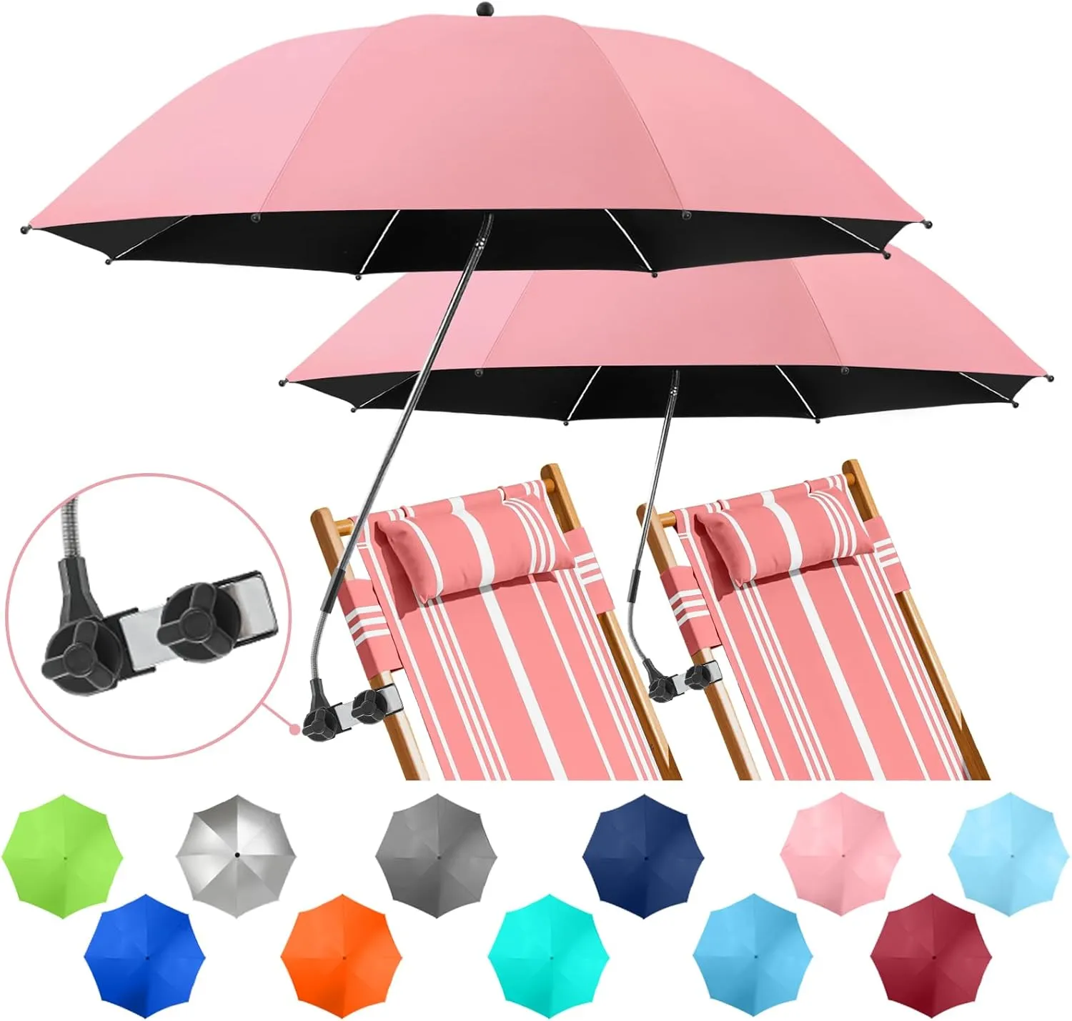 2 PACK Beach Umbrella with Clamp, 360 ° Adjustable Umbrellas for Chair, UPF50  Umbrella for Beach Chair, Patio Chair, Wheelchair, Camping Chair, Golf Carts (Chair Not Included)