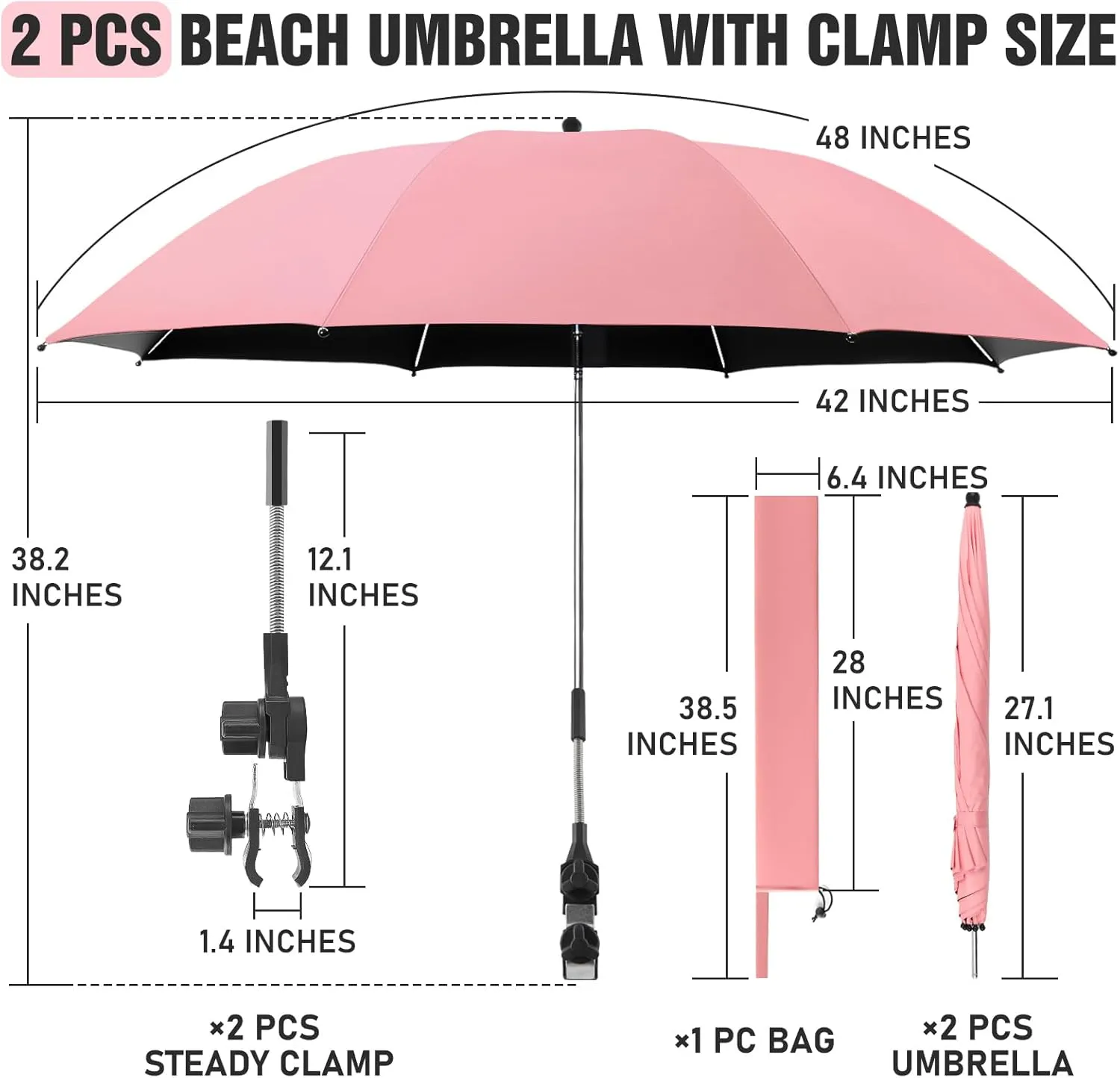 2 PACK Beach Umbrella with Clamp, 360 ° Adjustable Umbrellas for Chair, UPF50  Umbrella for Beach Chair, Patio Chair, Wheelchair, Camping Chair, Golf Carts (Chair Not Included)