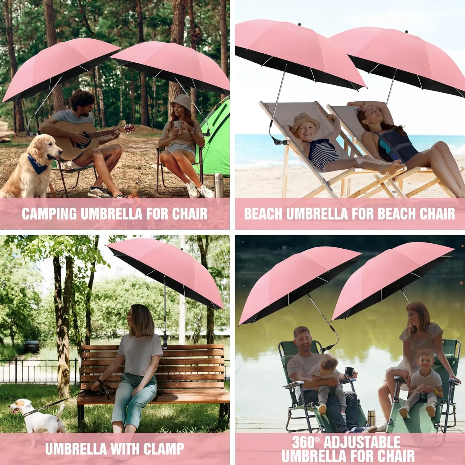 2 PACK Beach Umbrella with Clamp, 360 ° Adjustable Umbrellas for Chair, UPF50  Umbrella for Beach Chair, Patio Chair, Wheelchair, Camping Chair, Golf Carts (Chair Not Included)