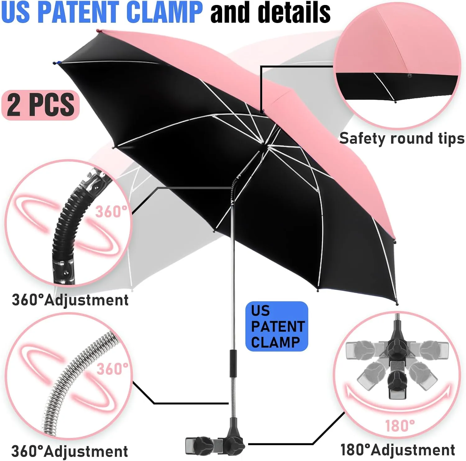 2 PACK Beach Umbrella with Clamp, 360 ° Adjustable Umbrellas for Chair, UPF50  Umbrella for Beach Chair, Patio Chair, Wheelchair, Camping Chair, Golf Carts (Chair Not Included)