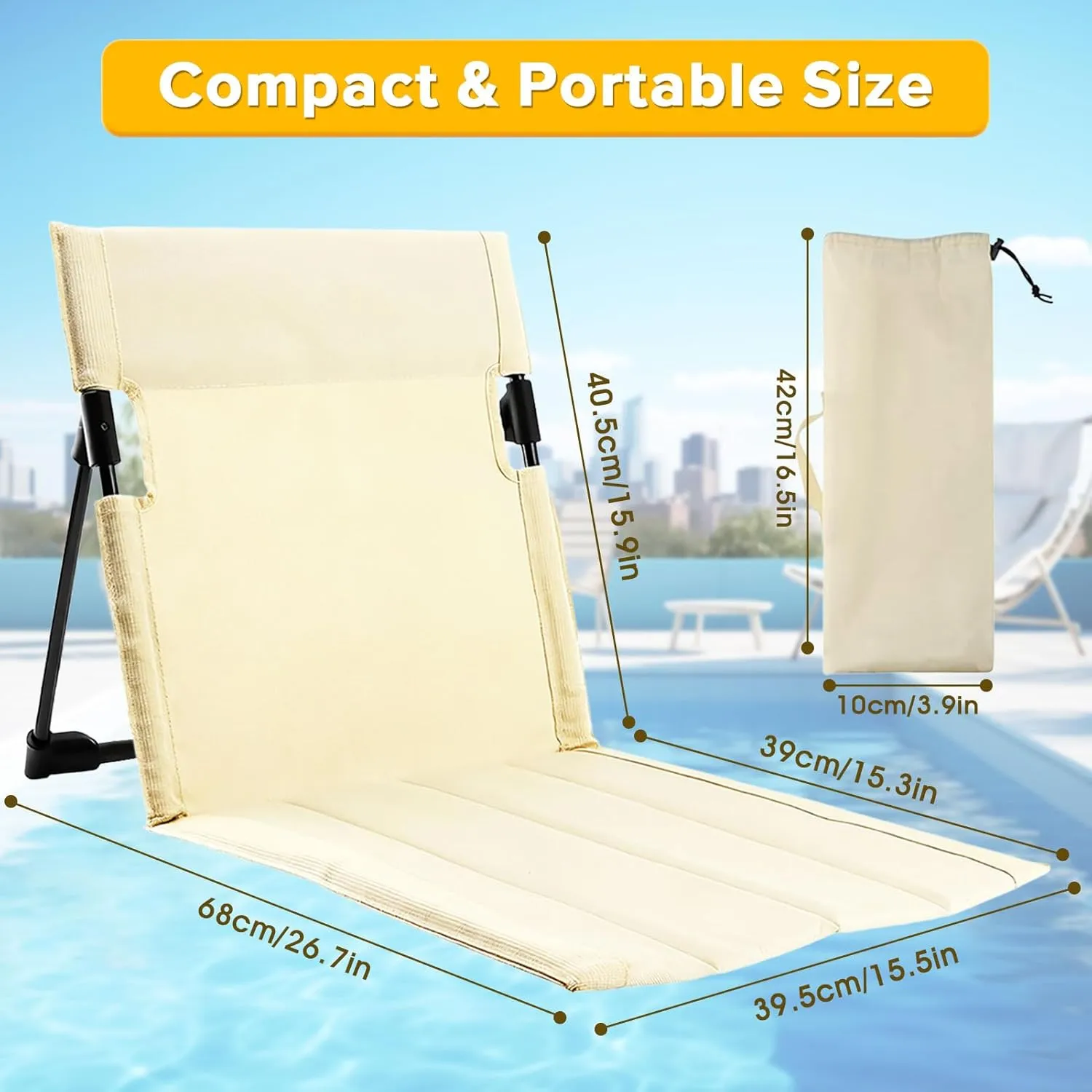 2 Pack Foldable Poolside Chairs for Edge of Pool, Portable Lightweight Folding Pool Chairs and Lounges for Poolside, Outdoor Camping, Picnic, Beach, Travel with Back Support & Carry Bag (Beige)