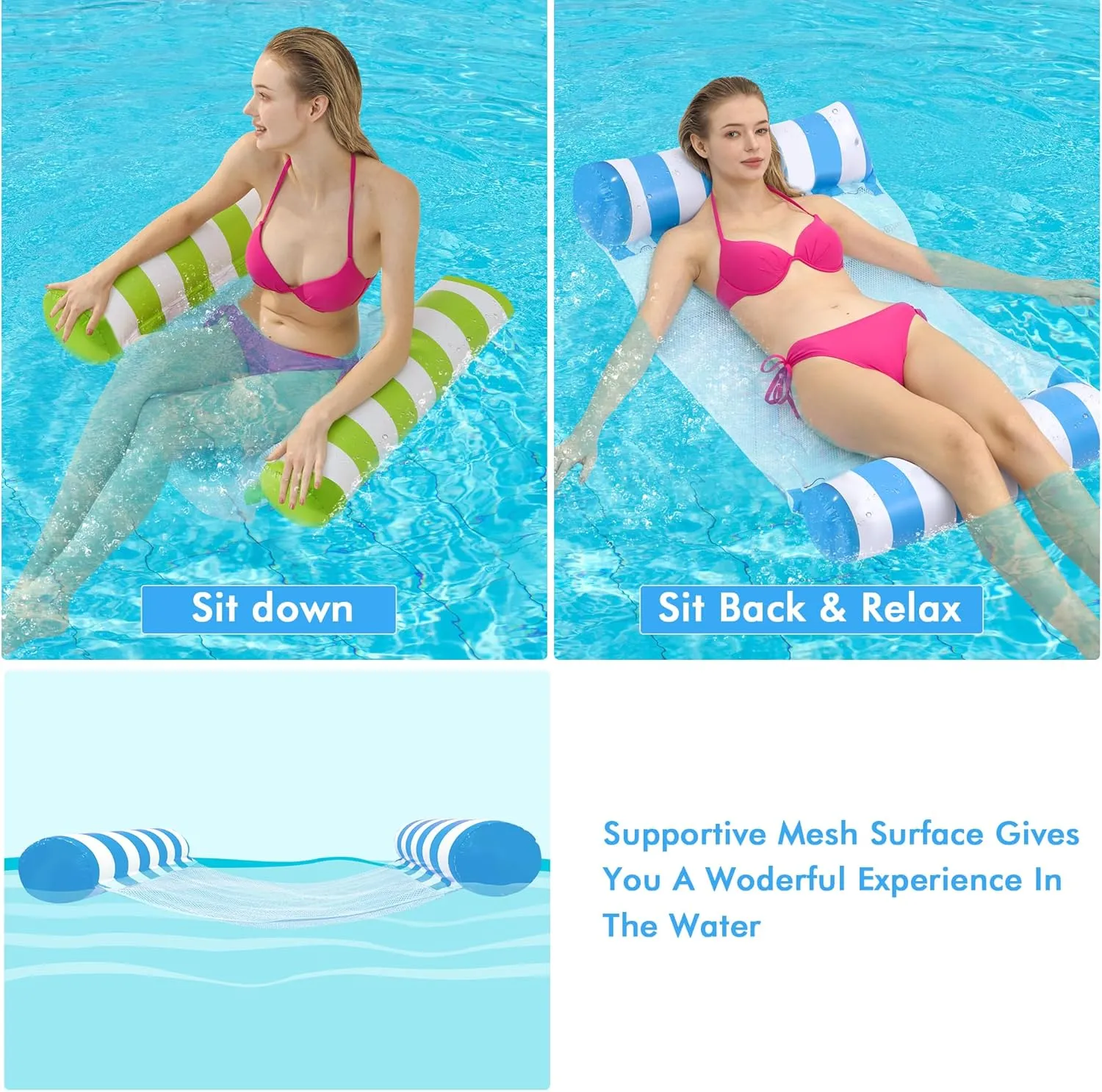 2 Pack Inflatable Pool Floats Adult, OKSUWATER 4-in-1 Water Hammock, Pool Floats for Swimming Pool Party Summer Lake Water Fun