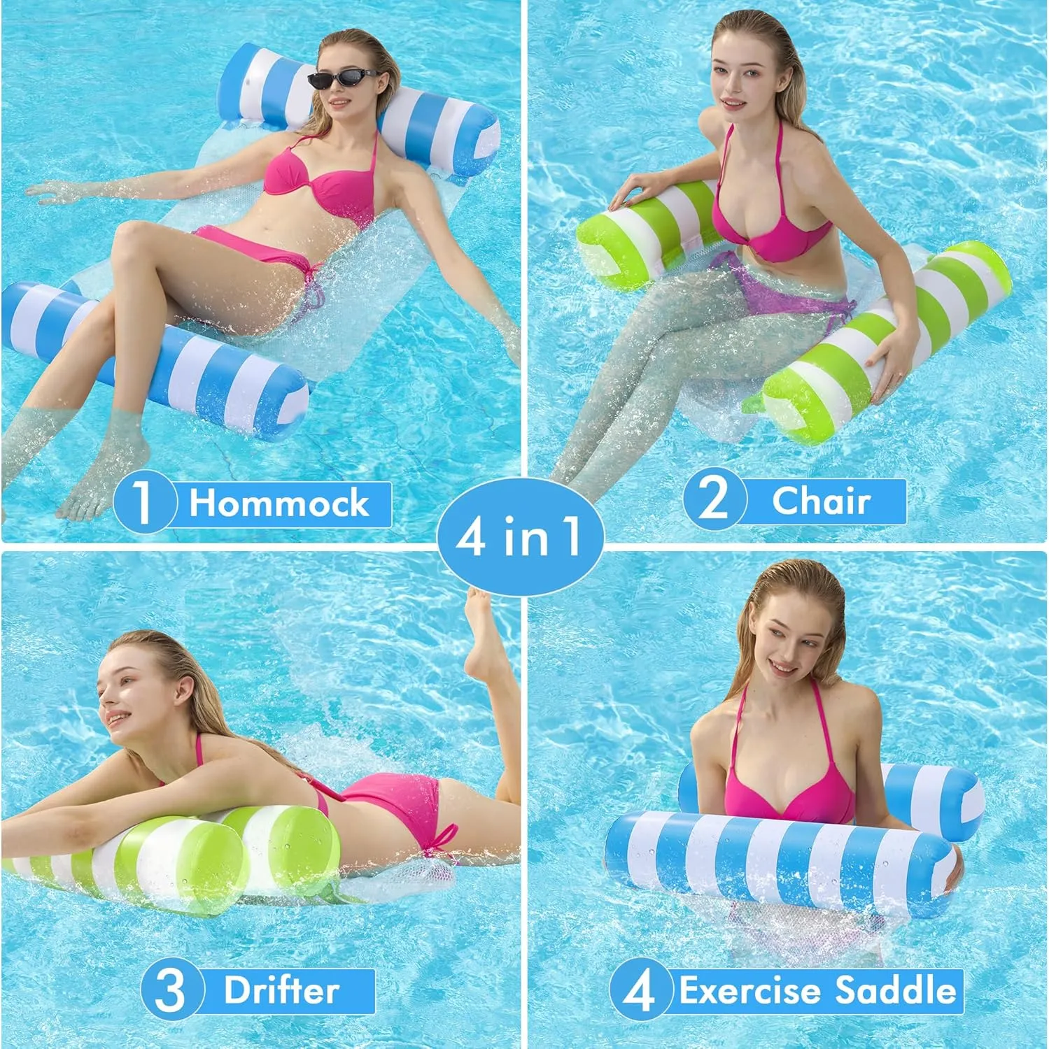 2 Pack Inflatable Pool Floats Adult, OKSUWATER 4-in-1 Water Hammock, Pool Floats for Swimming Pool Party Summer Lake Water Fun