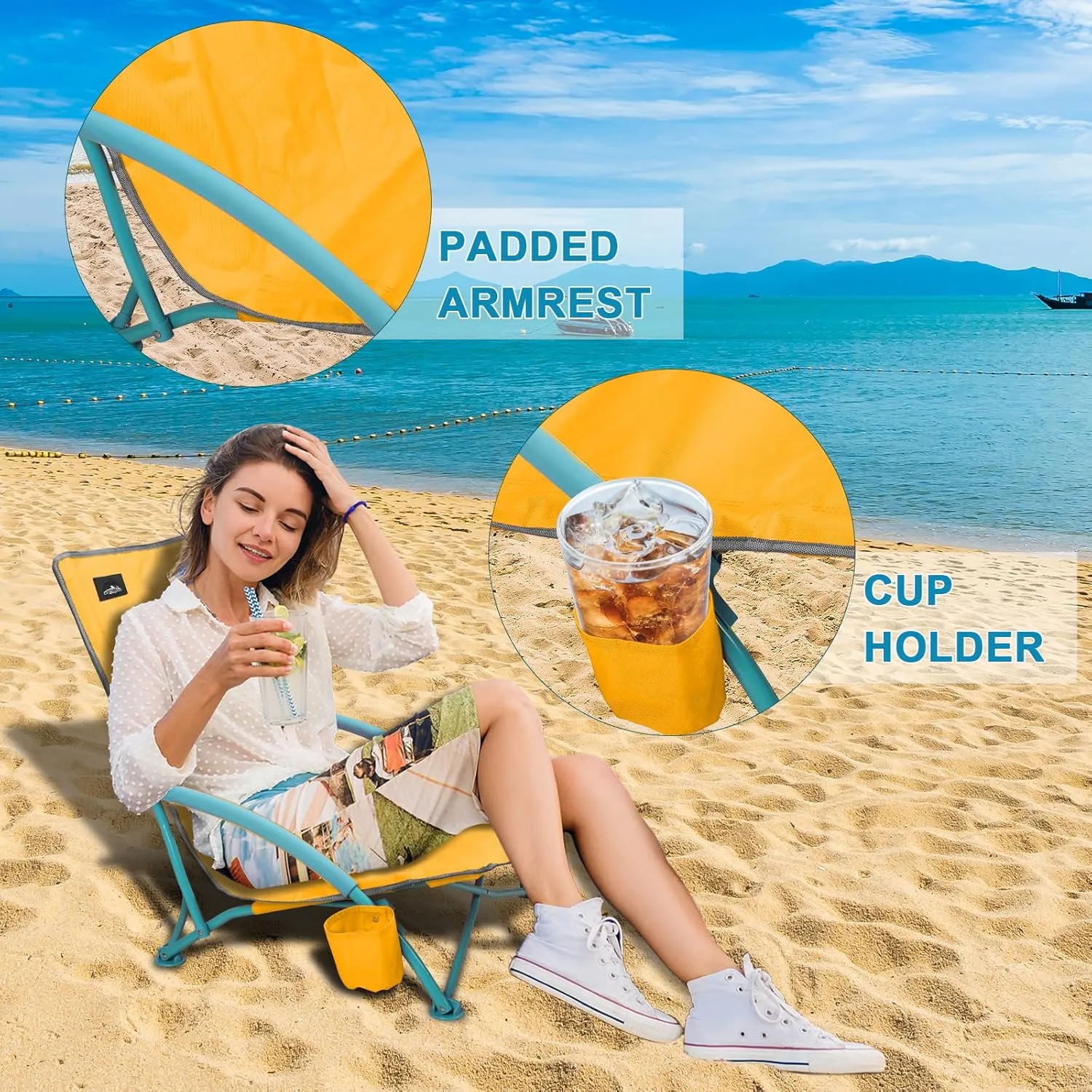 2 Pack Low Folding Beach Chair,Portable Lightweight Lowback Sling Chair, Outdoor Low Seat Camping Chair w/Cup Holder & Carry Bag for Sand Camping Lawn Picnic Festival,Orange