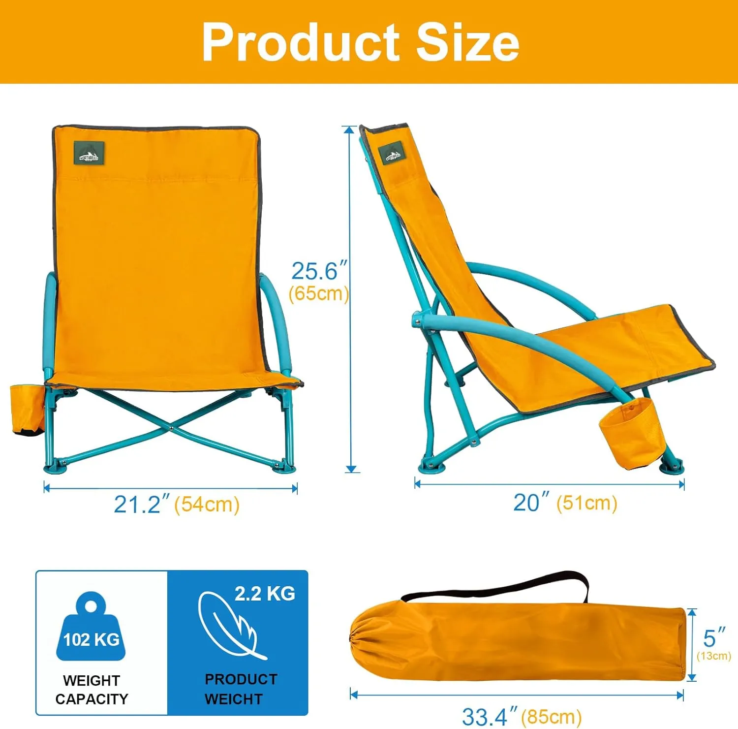 2 Pack Low Folding Beach Chair,Portable Lightweight Lowback Sling Chair, Outdoor Low Seat Camping Chair w/Cup Holder & Carry Bag for Sand Camping Lawn Picnic Festival,Orange