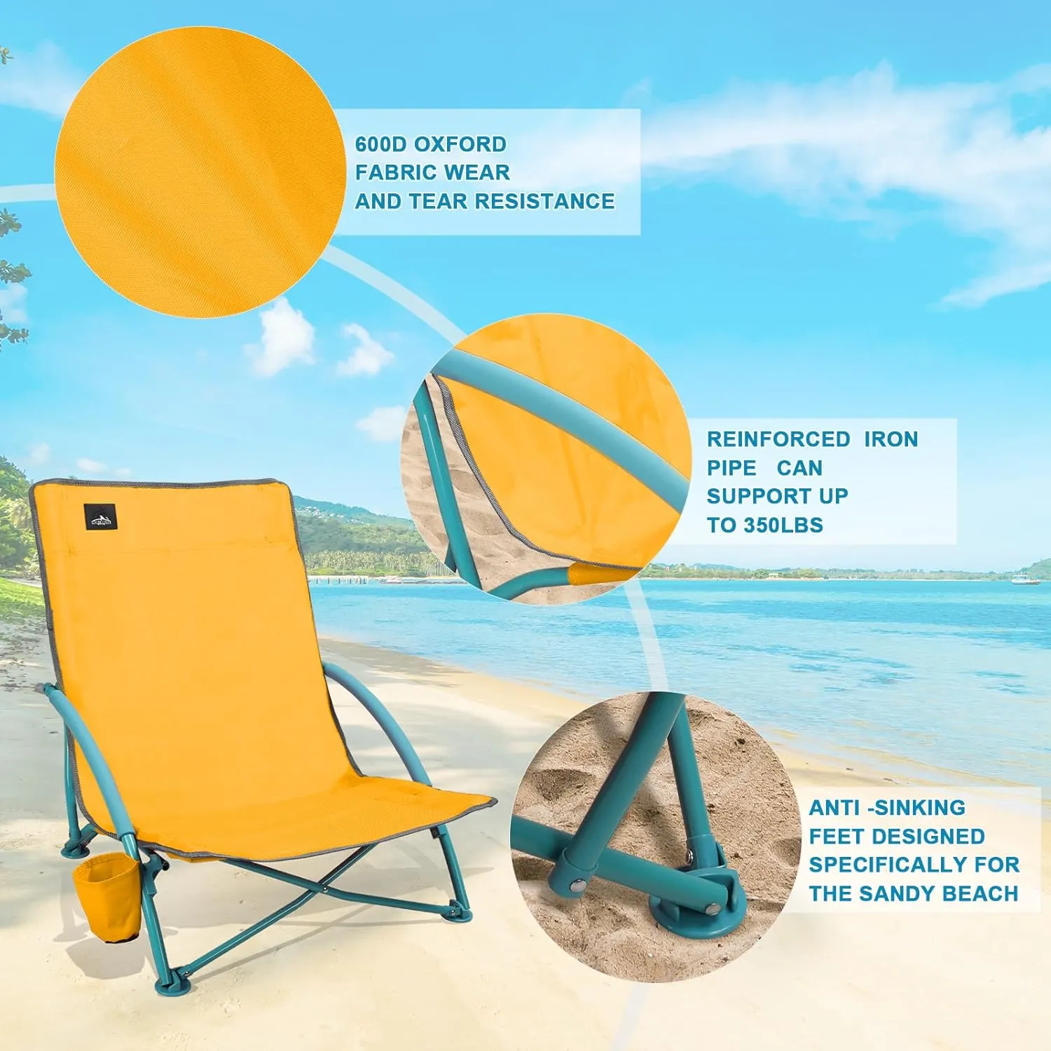 2 Pack Low Folding Beach Chair,Portable Lightweight Lowback Sling Chair, Outdoor Low Seat Camping Chair w/Cup Holder & Carry Bag for Sand Camping Lawn Picnic Festival,Orange