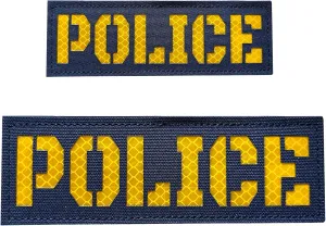 2 Pack Reflective Pol ice Laser Cut Patch with Back Panel and Hook and Loop One Small and One Large (Blue-Yellow)