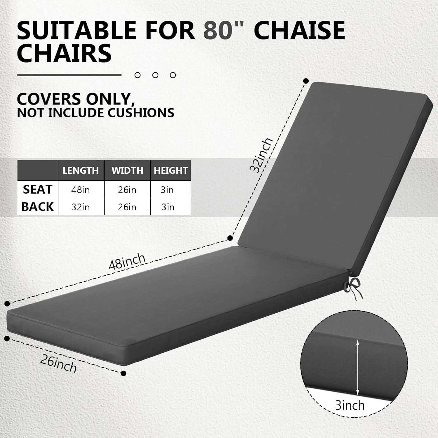 2 Pcs Outdoor Chaise Lounge Cushion Covers, 80 x 26 x 3 Inch Chair Cushion Replacement Cover, Waterproof Chaise Cushion No-Slip Cover with Zipper Ties (Not Includes Cushion)
