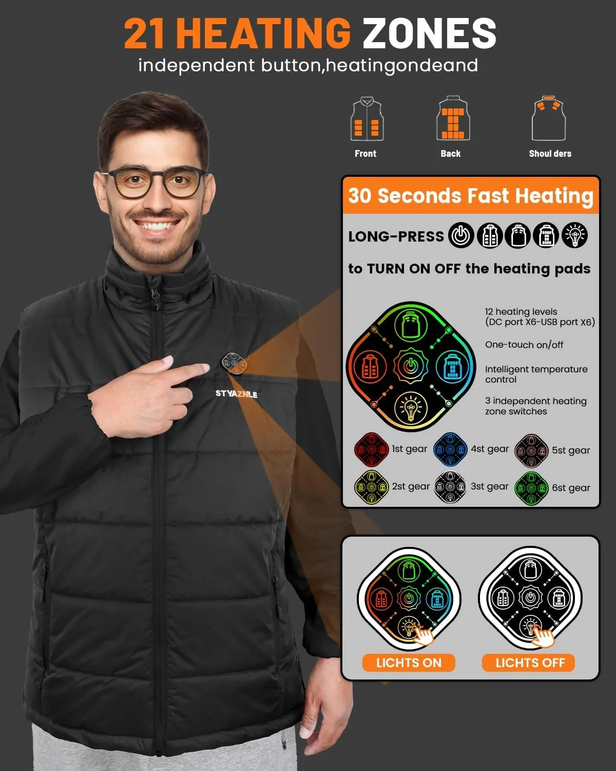 21 Heated Zones Heated Vest, with 40000mAH 7.4V Battery Pack Heated Vest for Men & Women, 5 in 1 Smart Controller