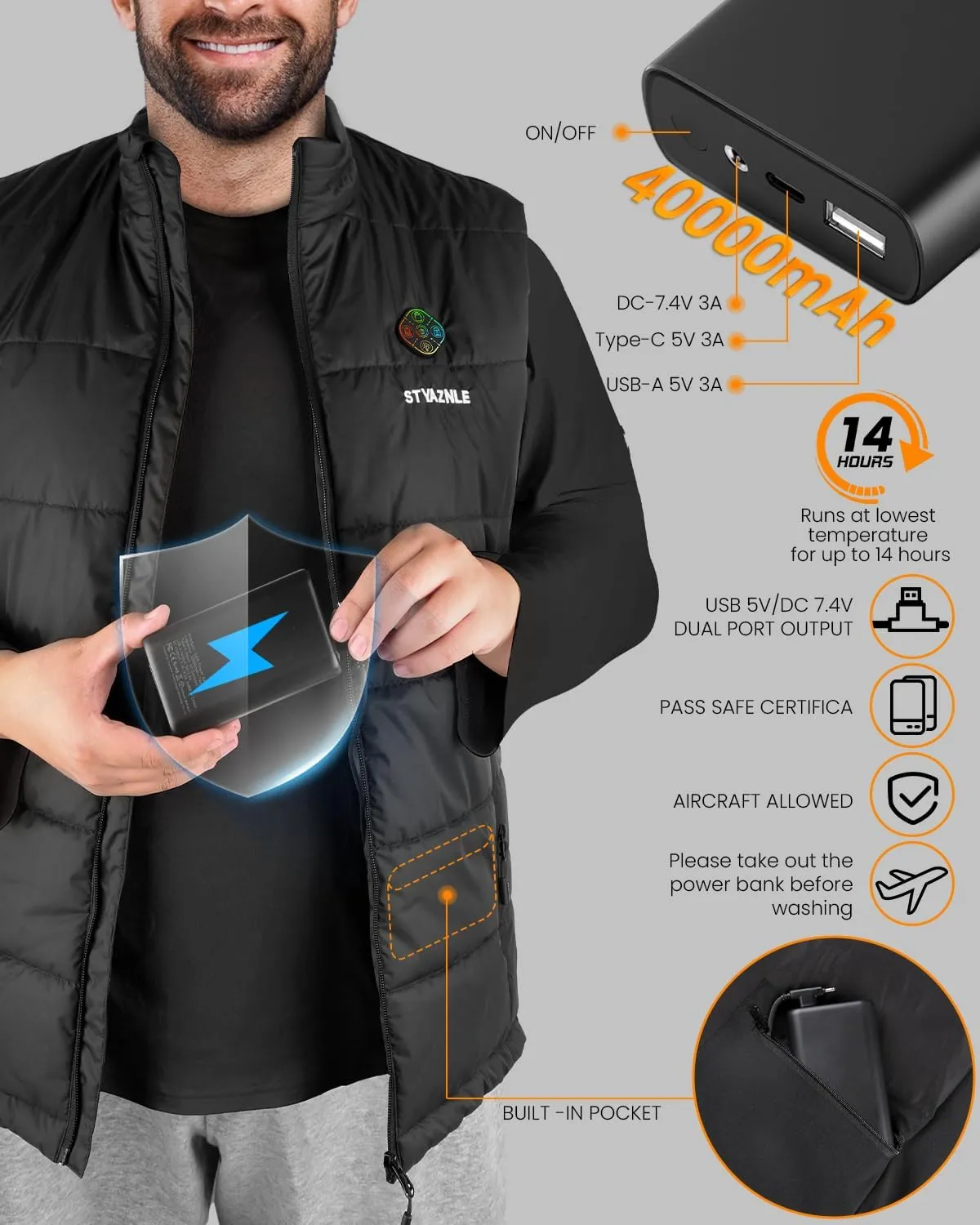 21 Heated Zones Heated Vest, with 40000mAH 7.4V Battery Pack Heated Vest for Men & Women, 5 in 1 Smart Controller