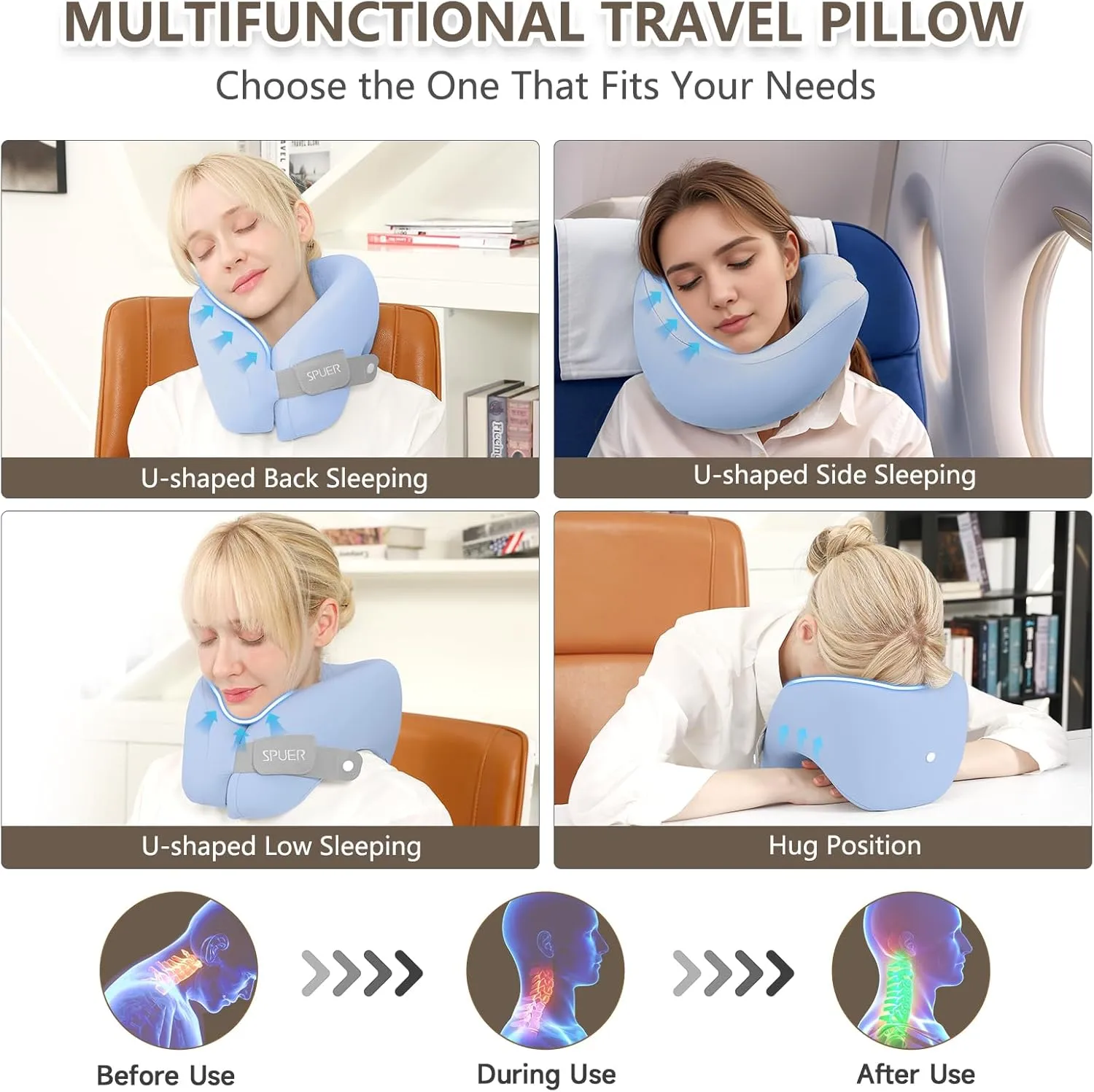 2in1 Ergonomic Memory Foam Travel Neck Pillow – Travel Pillow for All Sleep Positions on Flights, Road Trips, and Long Distance Travel with Drawstring Bag (Adjustable - Blue)