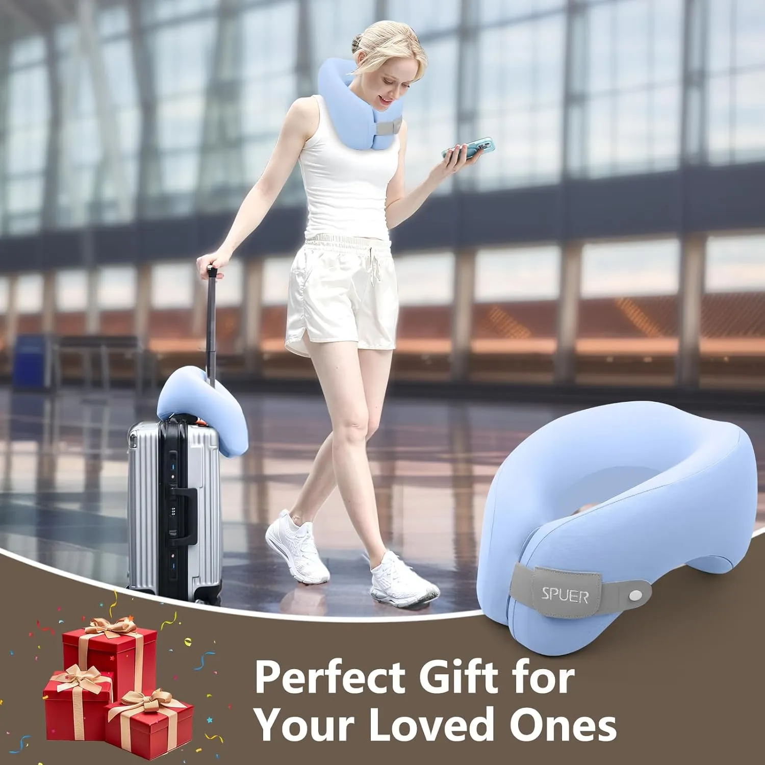 2in1 Ergonomic Memory Foam Travel Neck Pillow – Travel Pillow for All Sleep Positions on Flights, Road Trips, and Long Distance Travel with Drawstring Bag (Adjustable - Blue)