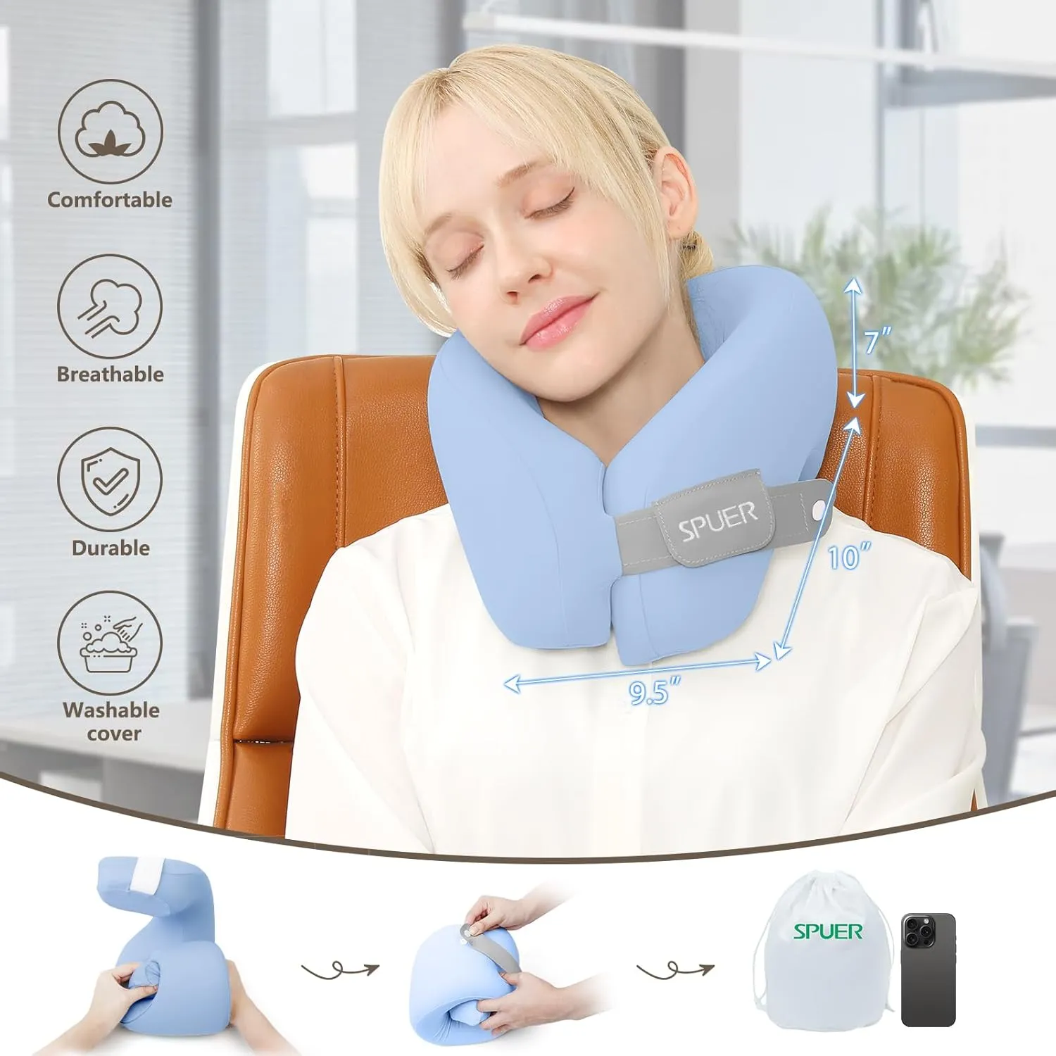 2in1 Ergonomic Memory Foam Travel Neck Pillow – Travel Pillow for All Sleep Positions on Flights, Road Trips, and Long Distance Travel with Drawstring Bag (Adjustable - Blue)