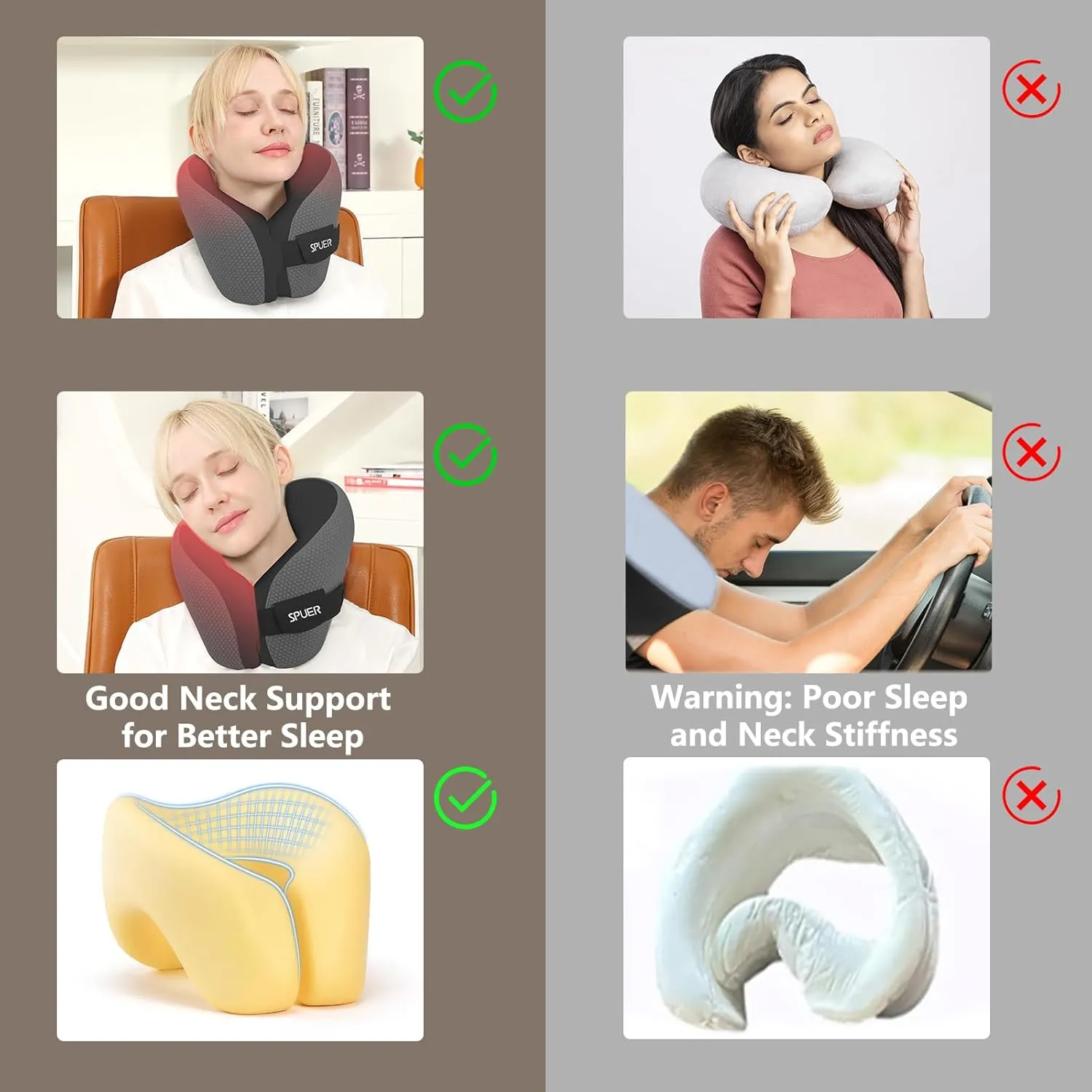 2in1 Ergonomic Memory Foam Travel Neck Pillow – Travel Pillow for All Sleep Positions on Flights, Road Trips, and Long Distance Travel with Drawstring Bag (Adjustable - Dark Gray & Black)
