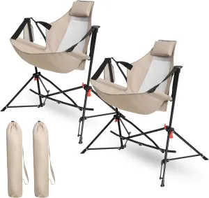 2pcs Hammock Camping Chair, Folding Portable Rocking Chair, Adjustable Back Swinging Chair with Pillow,Cup Holder, Recliner with Carry Bag for Outdoor Travel Lawn Backyard, Khaki