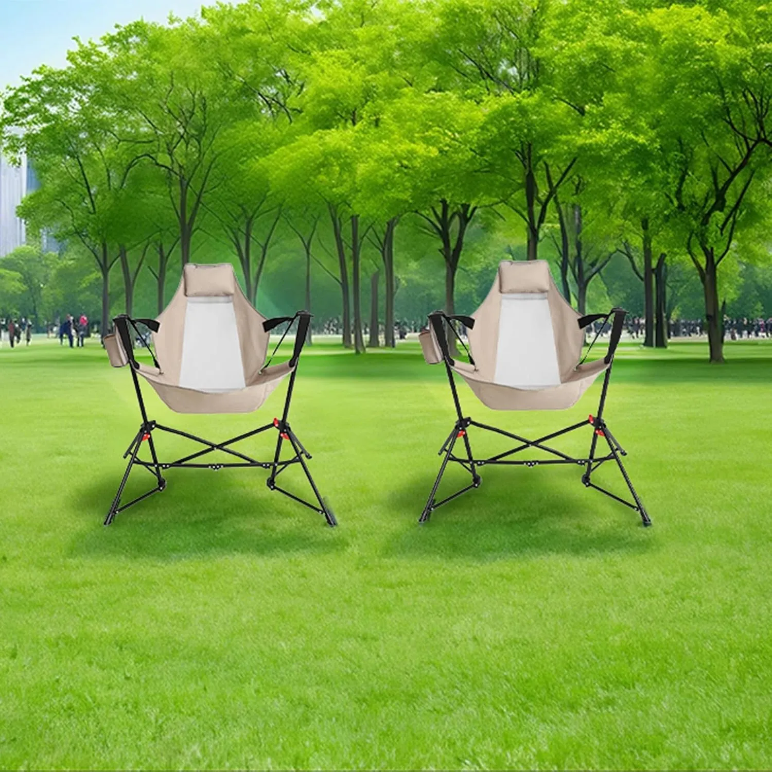 2pcs Hammock Camping Chair, Folding Portable Rocking Chair, Adjustable Back Swinging Chair with Pillow,Cup Holder, Recliner with Carry Bag for Outdoor Travel Lawn Backyard, Khaki