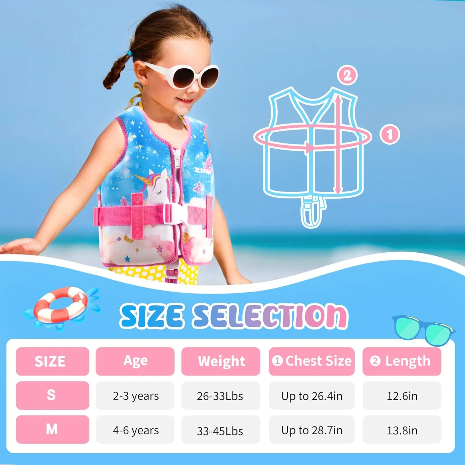 2PM SPORTS Toddler Swim Vest for 20-50 lbs Kids Float Jacket with Adjustable Safety Strap for Girls Boys 2 3 4 5 6 Years Old Premium Buoyancy Neoprene Children Swimming Floaties
