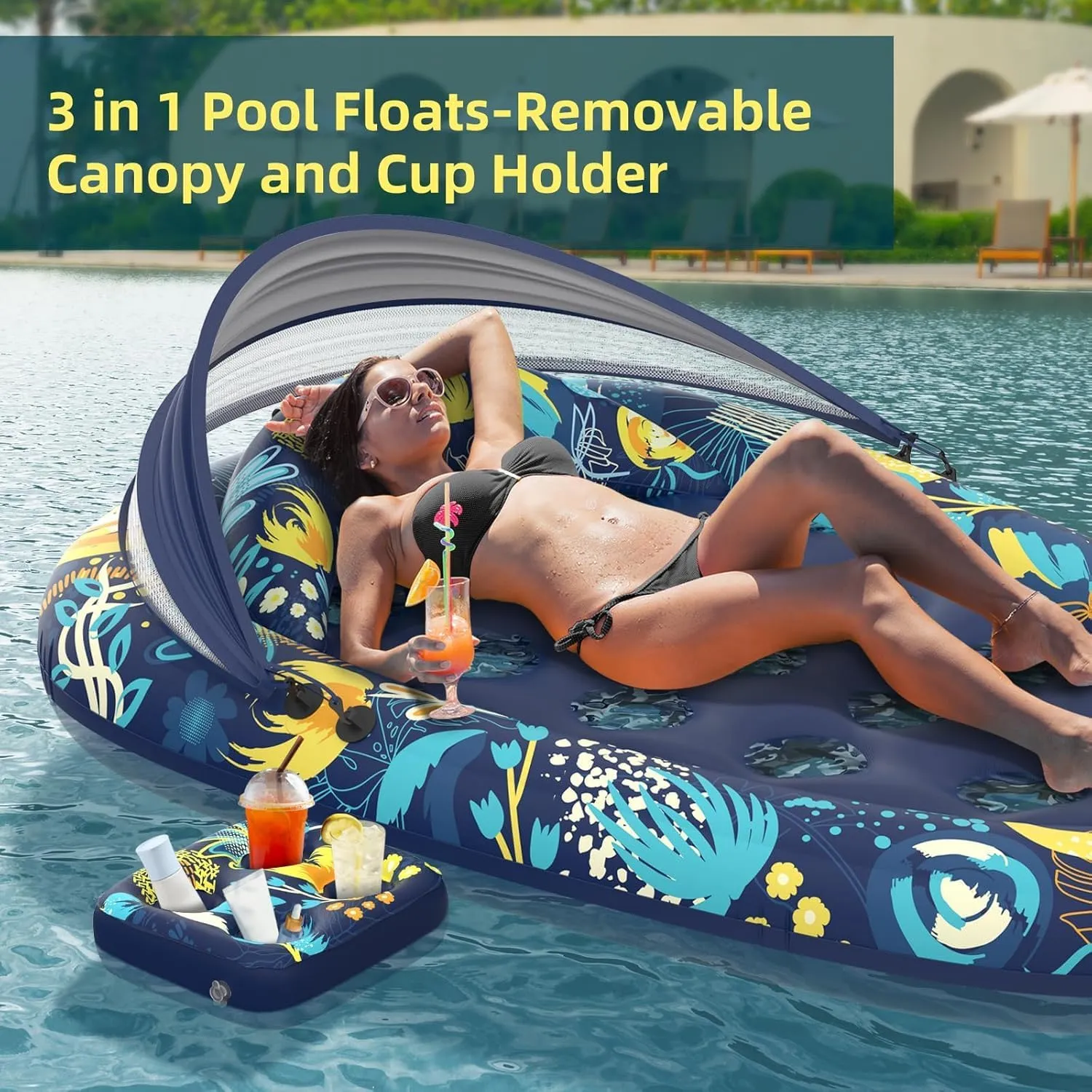3-in-1 Pool Floats with Canopy and Cup Holder, Inflatable Pool Floats for Adults Lounger Raft Floating Chair for Swimming Pool Lake Water Lounge Float Beach Pool Party Toys