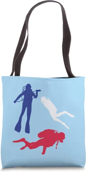 3 Scuba divers in white, blue, red color Tote Bag