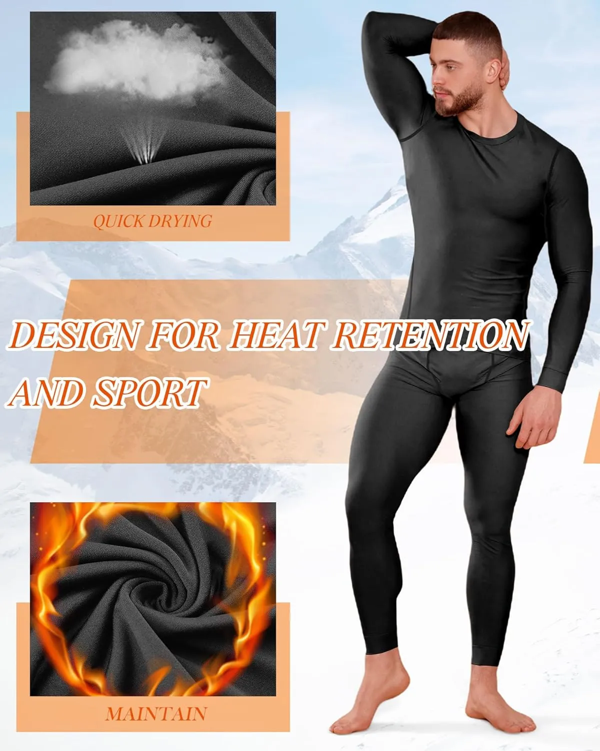 3 Set Winter Thermal Underwear for Men Cold Weather Fleece Lined Top Bottom for Hunting Gear Sport