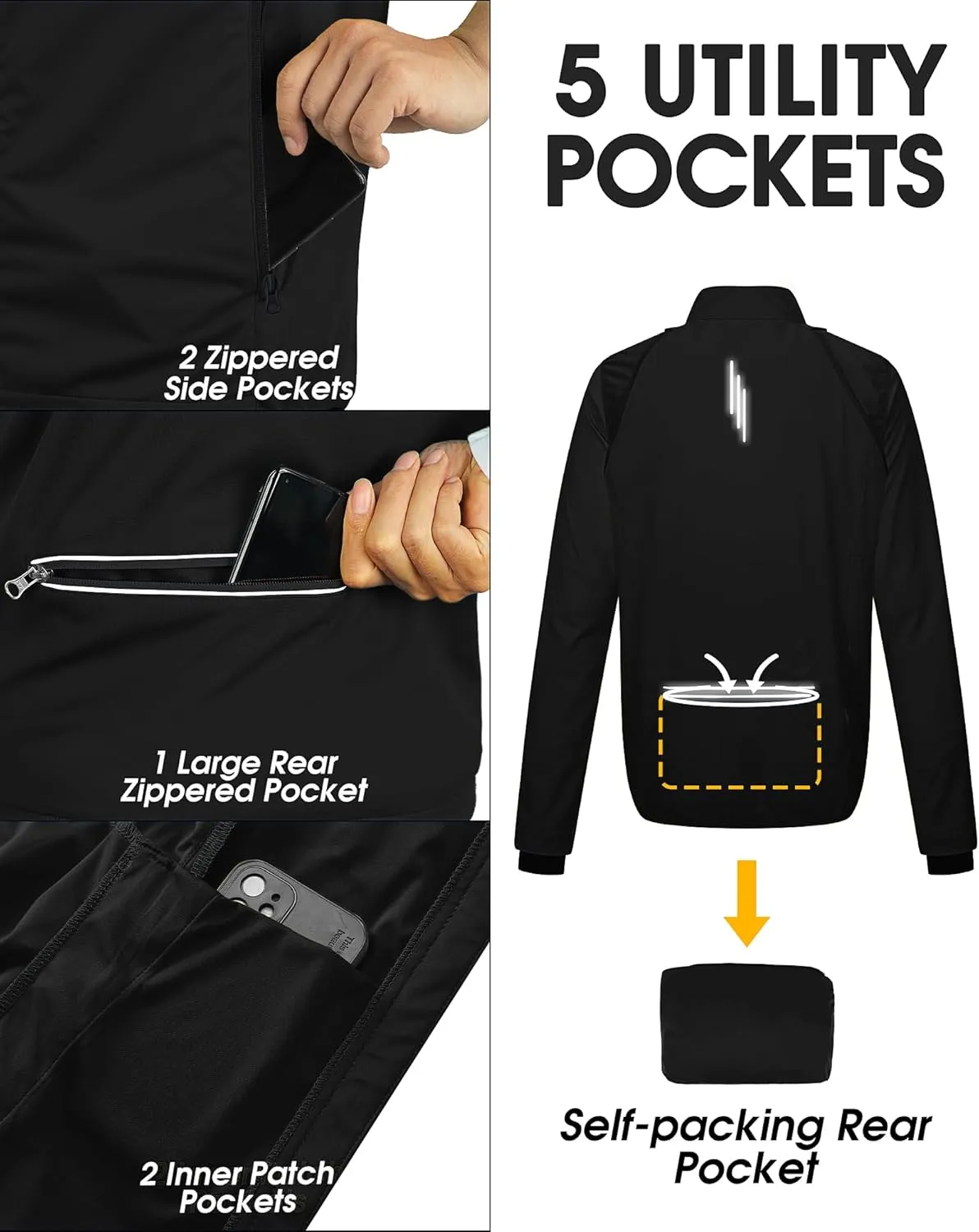 33,000ft Men's Cycling Jacket Long Sleeve, Waterproof Running Bike Vest Outerwear Reflective Windproof Sleeveless Jacket