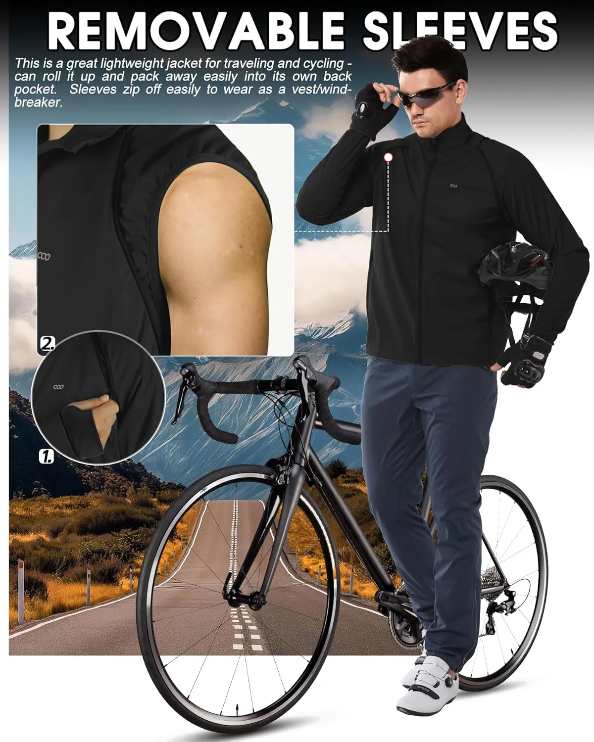 33,000ft Men's Cycling Jacket Long Sleeve, Waterproof Running Bike Vest Outerwear Reflective Windproof Sleeveless Jacket