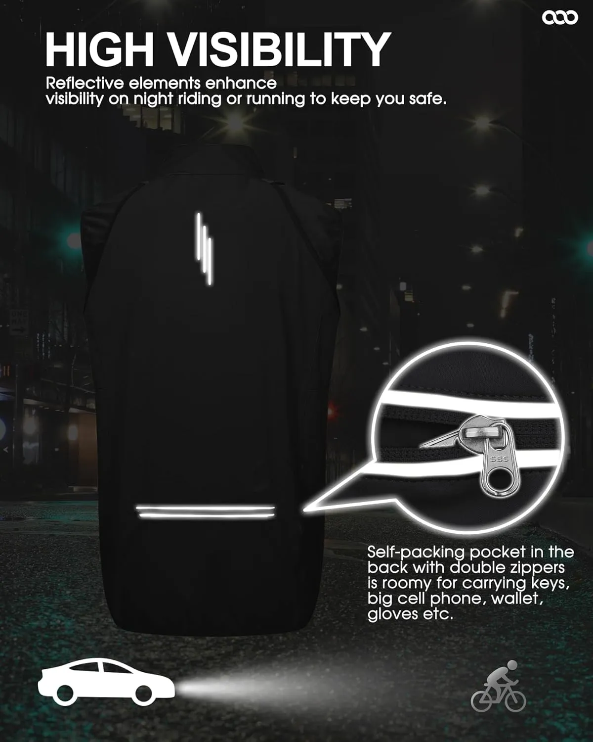 33,000ft Men's Cycling Jacket Long Sleeve, Waterproof Running Bike Vest Outerwear Reflective Windproof Sleeveless Jacket
