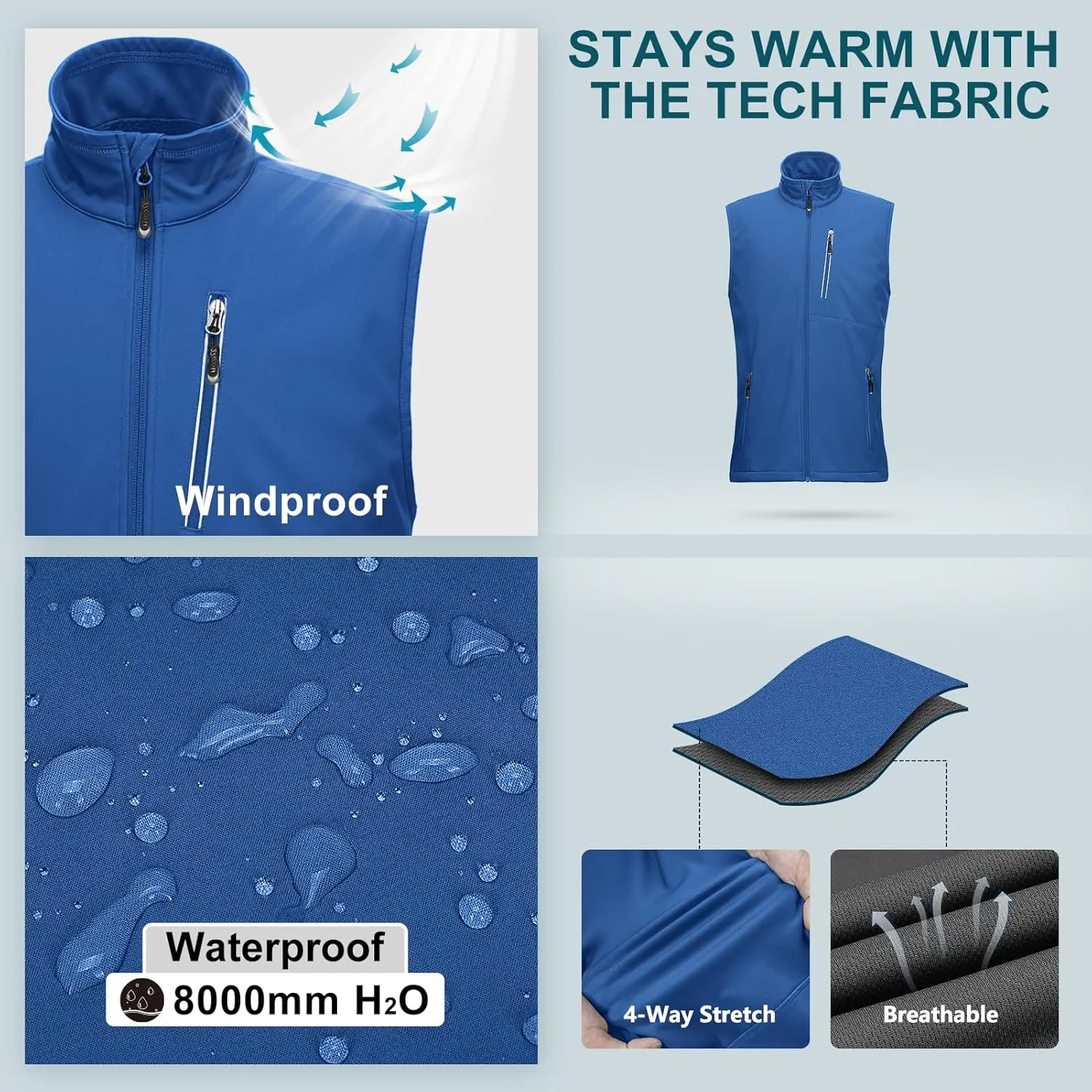 33,000ft Men's Windproof Lightweight Golf Vest Outerwear with Pockets, Softshell Sleeveless Jacket for Running Hiking Sports